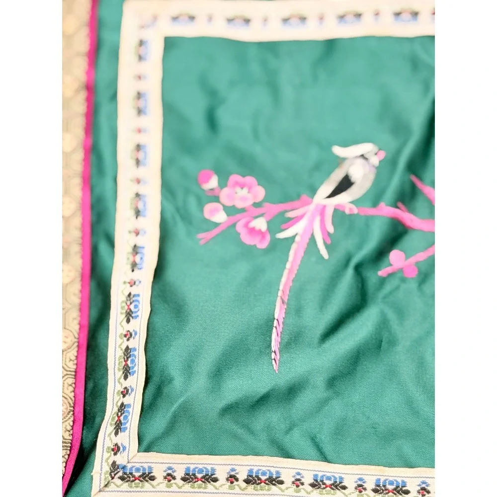 Vintage Chinese Hand Embroidered Silk Textile Bird Cherry Blossom Green 12x12